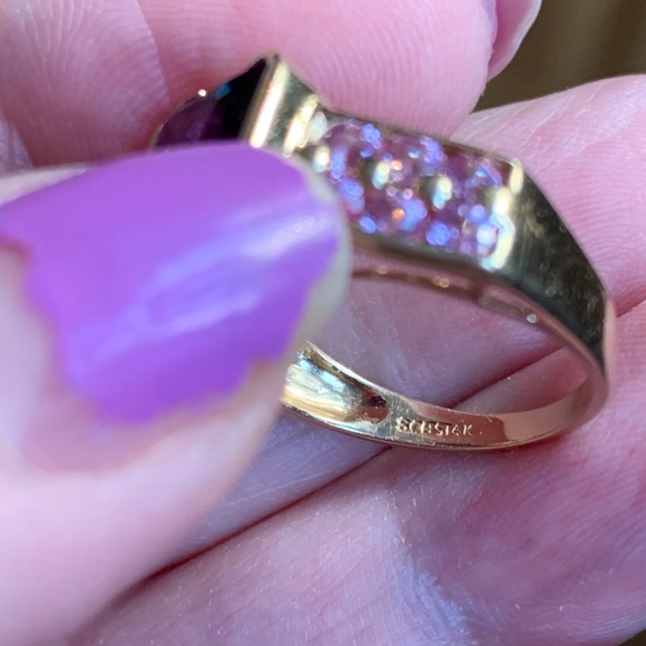 VINTAGE SOLID 14K YELLOW GOLD PURPLE EMERALD CUT AMETHYST & PINK SAPPHIRES RING - Picture 14 of 16